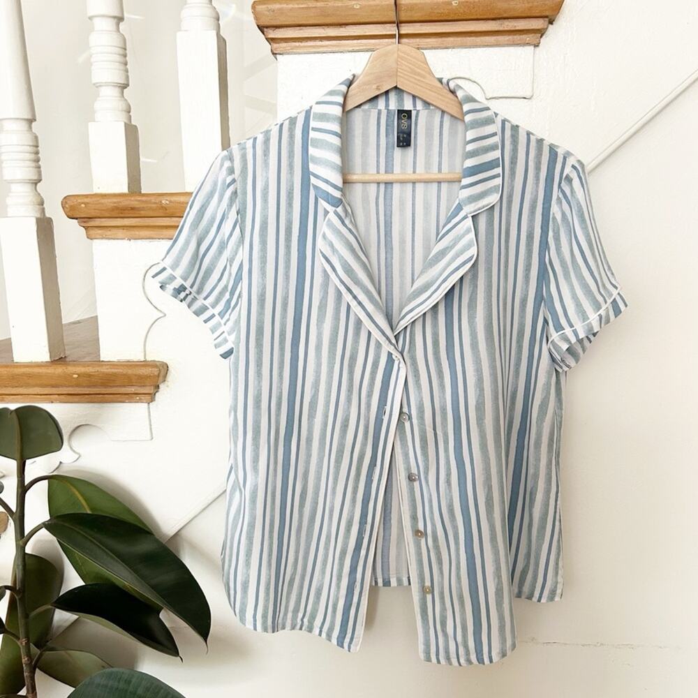 OVS Blue White Striped Button Down Shirt Short Sleeve Viscose Size IT Medium